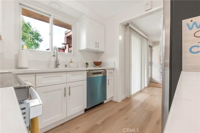 22935 Nadine Cir Unit A, Torrance, CA 90505 - kitchen featuring dishwashing machine, a sink, white cabinetry, light wood-type flooring, and light countertops
