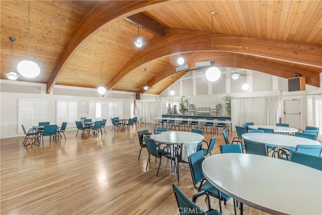 22935 Nadine Cir Unit A, Torrance, CA 90505 - dining room featuring wood ceiling with exposed beams, wood finished floors, and high vaulted ceiling