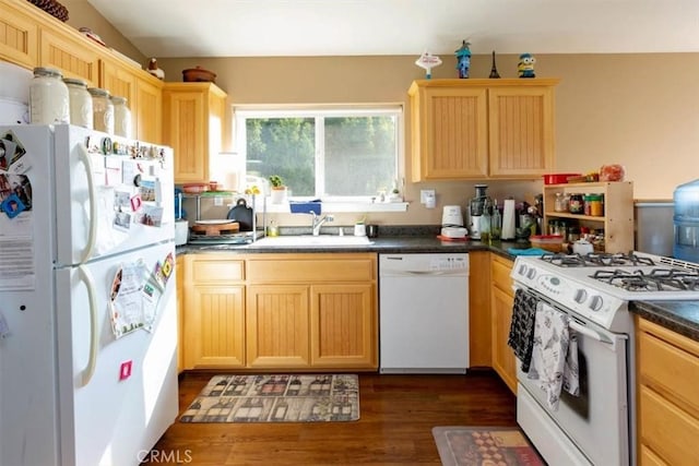 225 Hacienda Ave, San Luis Obispo, CA 93401 - kitchen featuring white appliances, a sink, dark wood-type flooring, light brown cabinets, and dark countertops