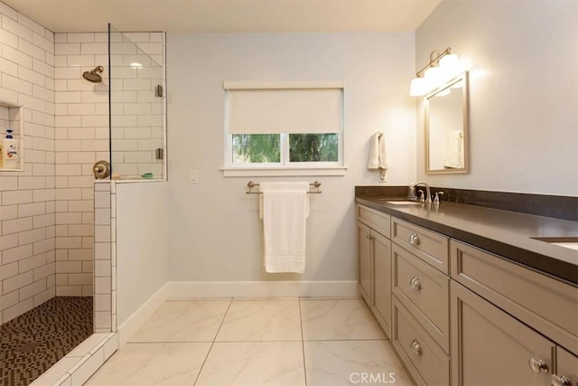 225 Hacienda Ave, San Luis Obispo, CA 93401 - full bathroom with walk in shower, vanity, marble look tile flooring, and baseboards