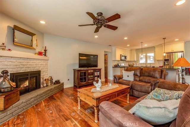 225 Hacienda Ave, San Luis Obispo, CA 93401 - living room with ceiling fan, wood-type flooring, recessed lighting, baseboards, and a fireplace