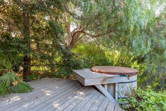 225 Hacienda Ave, San Luis Obispo, CA 93401 - wooden terrace with a covered hot tub and a wooded view