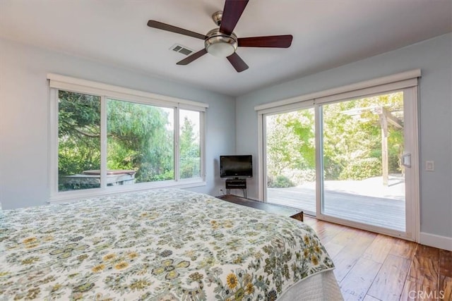 225 Hacienda Ave, San Luis Obispo, CA 93401 - bedroom with access to outside, hardwood / wood-style floors, baseboards, and ceiling fan