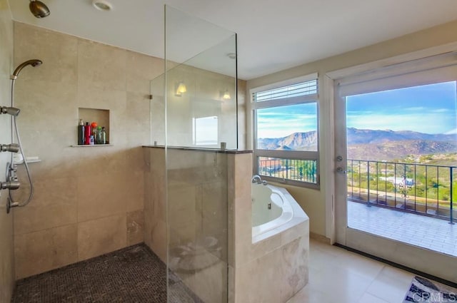 2638 W Victoria Dr, Alpine, CA 91901 - bathroom featuring walk in shower, a garden tub, a mountain view, and tile patterned floors