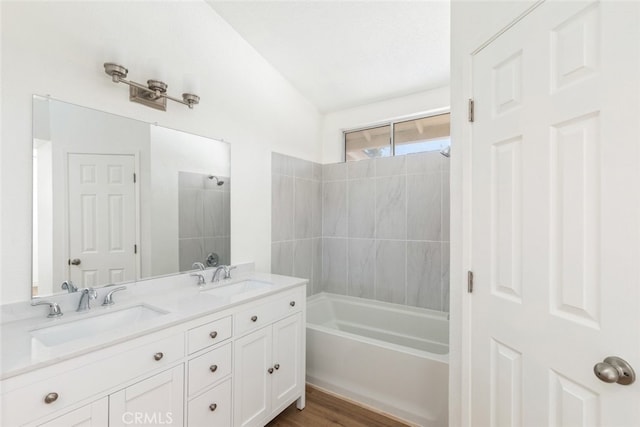 43419 Olive Ave, Hemet, CA 92544 - full bathroom featuring double vanity, bathtub / shower combination, and wood finished floors