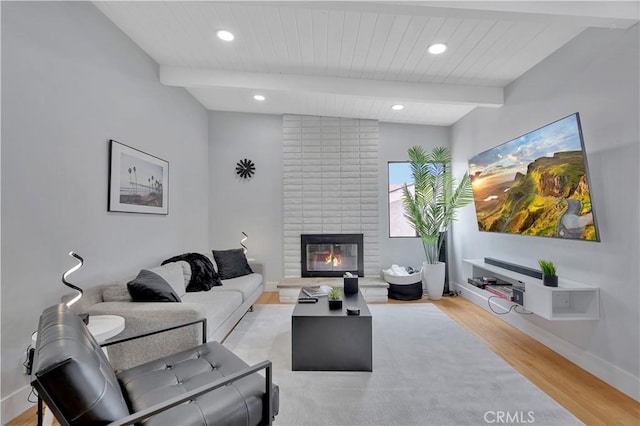 120 Avenida Santa Margarita, San Clemente, CA 92672 - living room featuring light wood-type flooring, beam ceiling, recessed lighting, a fireplace, and baseboards