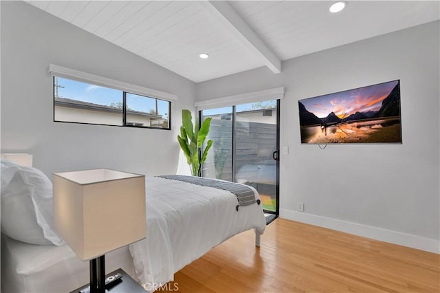 120 Avenida Santa Margarita, San Clemente, CA 92672 - bedroom with beamed ceiling, wood finished floors, baseboards, recessed lighting, and access to outside