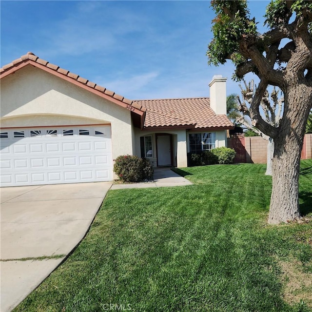 5683 Green Pasture Rd, Jurupa Valley, CA 92509 - ranch-style house with a tile roof, stucco siding, a chimney, an attached garage, and concrete driveway