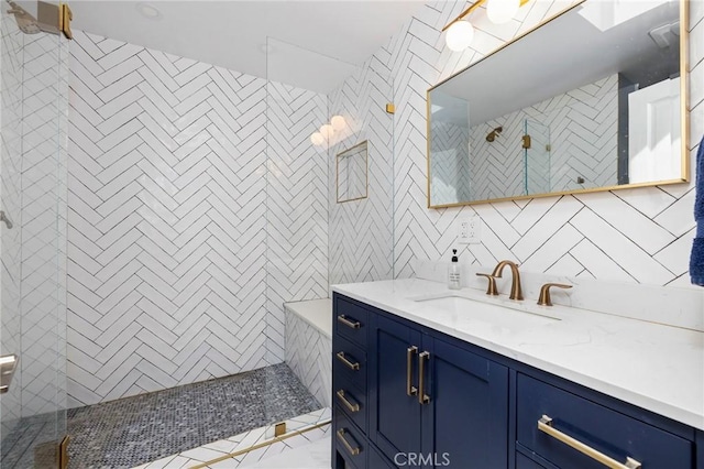 426 Ultimo Ave, Long Beach, CA 90814 - bathroom with a walk in shower, vanity, and tile walls
