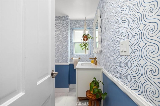 426 Ultimo Ave, Long Beach, CA 90814 - bathroom with wallpapered walls, baseboards, vanity, and marble finish floors
