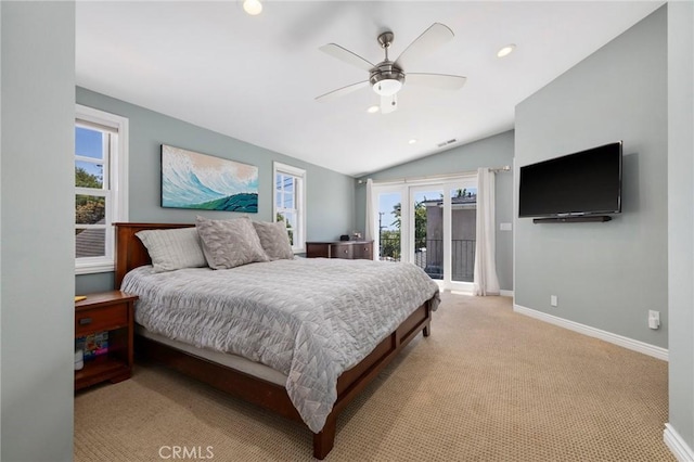 426 Ultimo Ave, Long Beach, CA 90814 - bedroom featuring access to outside, light colored carpet, multiple windows, baseboards, and vaulted ceiling
