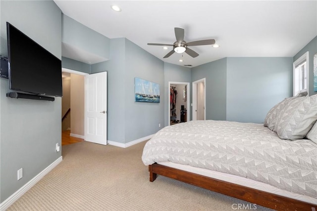 426 Ultimo Ave, Long Beach, CA 90814 - carpeted bedroom with baseboards, a walk in closet, recessed lighting, a ceiling fan, and a closet