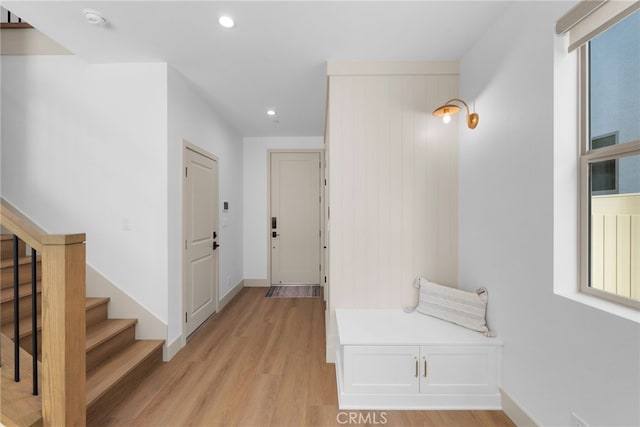 16225 Orizaba Ave, Paramount, CA 90723 - foyer entrance featuring light wood-type flooring, recessed lighting, and stairway