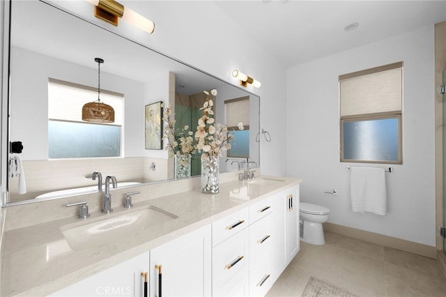 16225 Orizaba Ave, Paramount, CA 90723 - full bath with double vanity, toilet, a stall shower, and tile patterned flooring