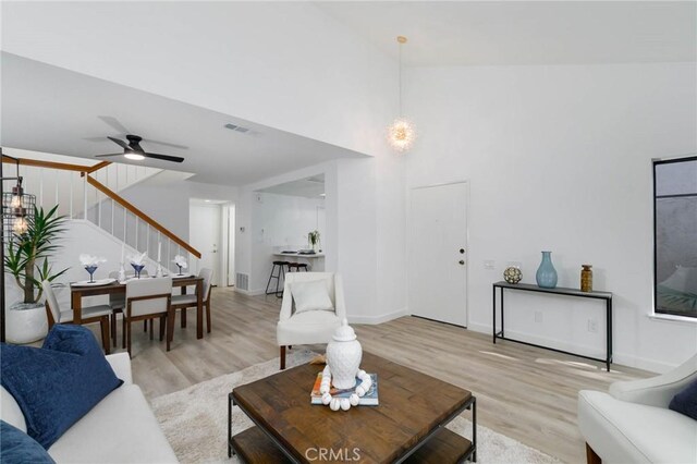 1327 Solera Ln Unit 6, Diamond Bar, CA 91765 - living room featuring stairs, light wood-style flooring, ceiling fan, and baseboards