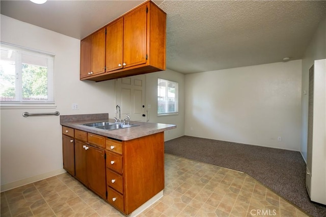 1905 Normal Ave, Chico, CA 95928 - kitchen with a sink, brown cabinets, open floor plan, a peninsula, and a textured ceiling
