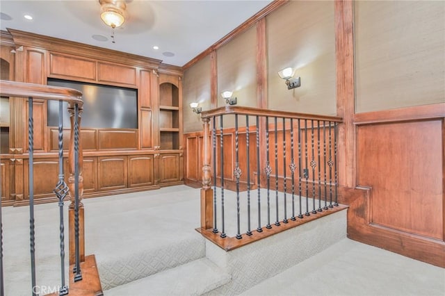 12932 Carnesi Dr, Rancho Cucamonga, CA 91739 - stairs featuring carpet, a ceiling fan, ornamental molding, and recessed lighting