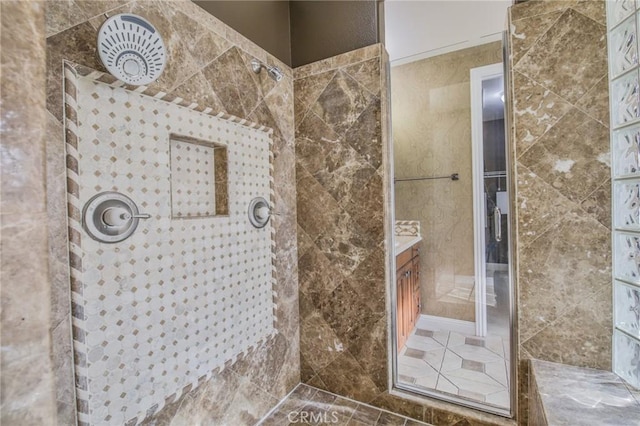 12932 Carnesi Dr, Rancho Cucamonga, CA 91739 - bathroom with tiled shower, tile patterned floors, and vanity