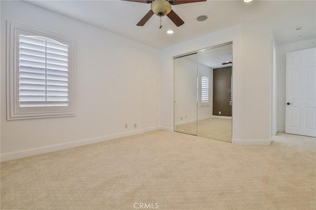 12932 Carnesi Dr, Rancho Cucamonga, CA 91739 - unfurnished bedroom featuring carpet, a closet, baseboards, recessed lighting, and ceiling fan