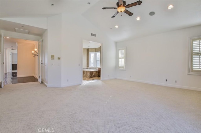 12932 Carnesi Dr, Rancho Cucamonga, CA 91739 - unfurnished living room featuring light carpet, baseboards, a ceiling fan, recessed lighting, and high vaulted ceiling