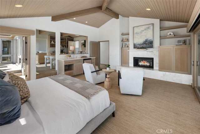 1907 Ocean Way, Laguna Beach, CA 92651 - bedroom with recessed lighting, wood ceiling, a glass covered fireplace, and light carpet