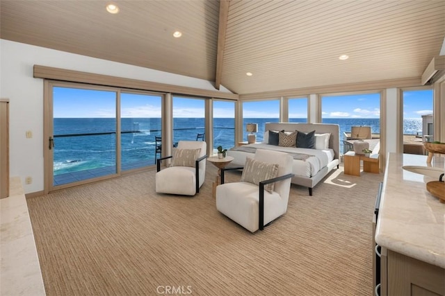 1907 Ocean Way, Laguna Beach, CA 92651 - bedroom with a water view, access to exterior, multiple windows, wooden ceiling, and recessed lighting