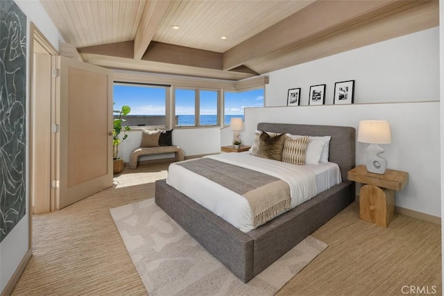 1907 Ocean Way, Laguna Beach, CA 92651 - carpeted bedroom featuring beamed ceiling, baseboards, a water view, and recessed lighting