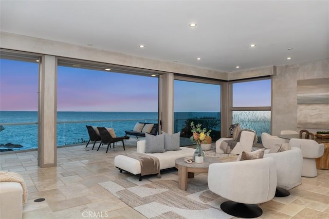 1907 Ocean Way, Laguna Beach, CA 92651 - living room with stone tile floors, a water view, and recessed lighting