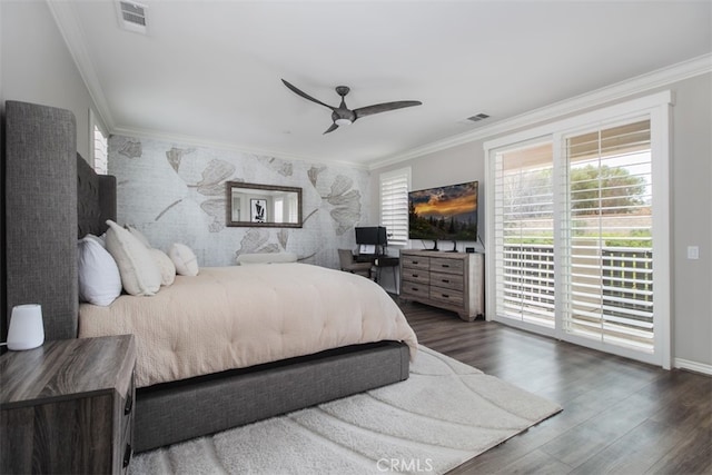 29048 N W Hills Dr, Valencia, CA 91354 - bedroom with access to outside, wood finished floors, crown molding, and a ceiling fan