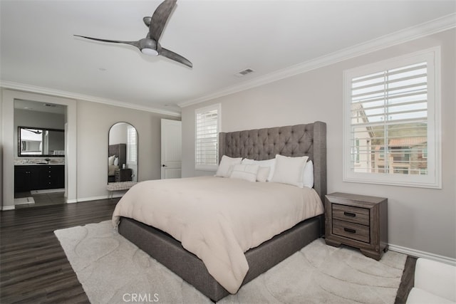 29048 N W Hills Dr, Valencia, CA 91354 - bedroom featuring ornamental molding, wood finished floors, a ceiling fan, and connected bathroom