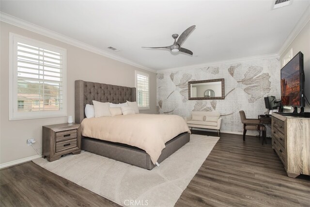 29048 N W Hills Dr, Valencia, CA 91354 - bedroom featuring ornamental molding, an accent wall, wood finished floors, and ceiling fan
