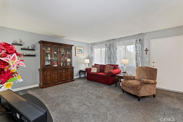 living room featuring carpet floors, a textured ceiling, and baseboards