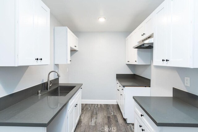 4401 La Clede Ave, Los Angeles, CA 90039 - kitchen featuring a sink, under cabinet range hood, dark countertops, dark wood-style floors, and recessed lighting