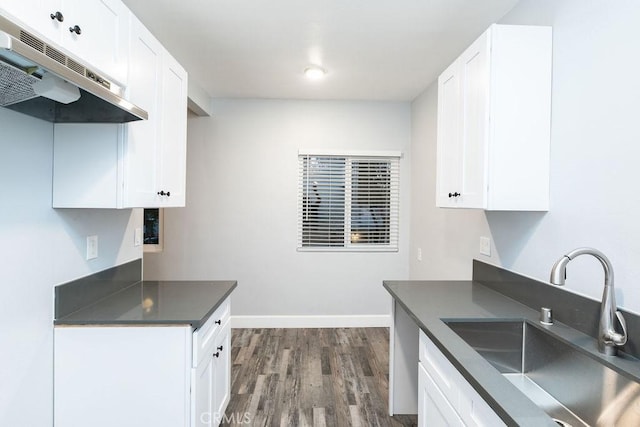 4401 La Clede Ave, Los Angeles, CA 90039 - kitchen featuring a sink, under cabinet range hood, dark countertops, dark wood-style flooring, and white cabinetry