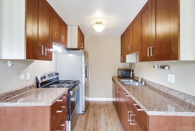 8102 Winter Gardens Blvd Unit 2, Lakeside, CA 92040 - kitchen with stainless steel appliances, brown cabinetry, light wood-type flooring, and baseboards
