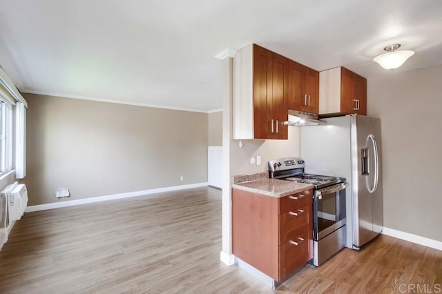 8102 Winter Gardens Blvd Unit 2, Lakeside, CA 92040 - kitchen with stainless steel range with electric cooktop, under cabinet range hood, ornamental molding, light wood-type flooring, and brown cabinetry