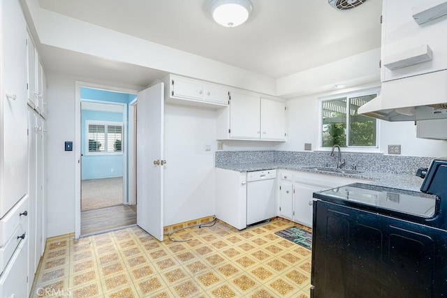 43451 Briercliff Dr, Hemet, CA 92544 - kitchen featuring stove, dishwasher, a sink, light flooring, and white cabinetry