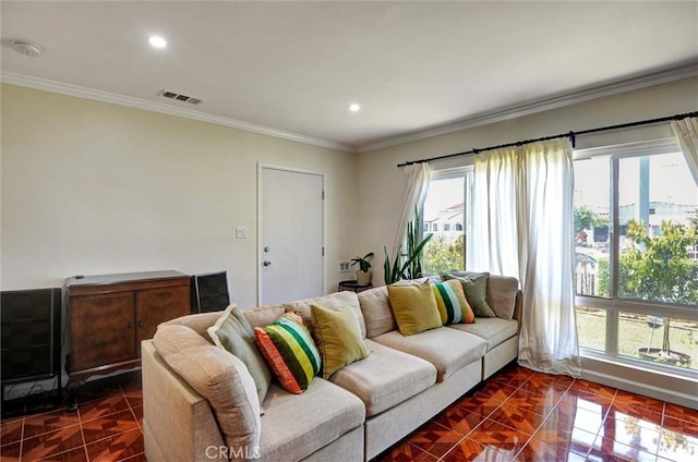 5864 Bonsallo Ave, Los Angeles, CA 90044 - living room with healthy amount of natural light, recessed lighting, and crown molding