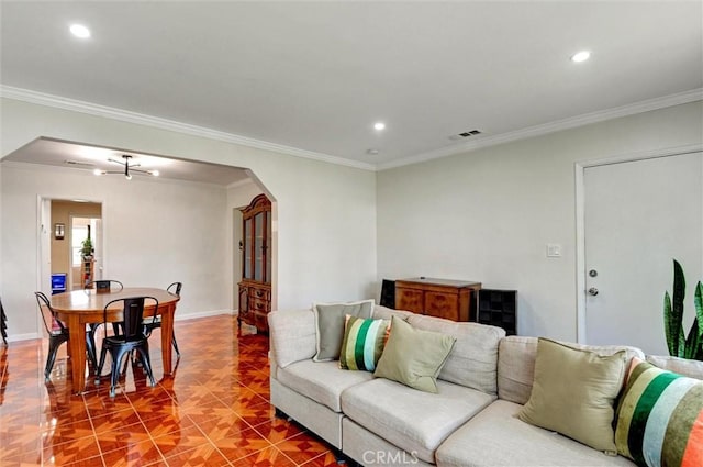5864 Bonsallo Ave, Los Angeles, CA 90044 - living area with arched walkways, recessed lighting, crown molding, baseboards, and tile patterned flooring