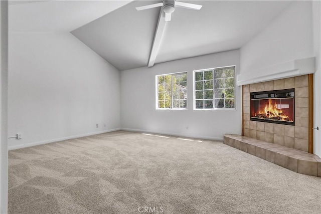 4064 Lemonberry Pl, Thousand Oaks, CA 91362 - unfurnished living room featuring carpet, a tile fireplace, a ceiling fan, and baseboards
