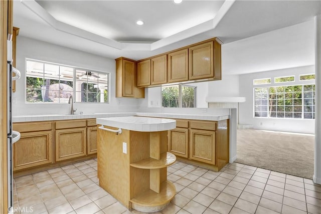 4064 Lemonberry Pl, Thousand Oaks, CA 91362 - kitchen with tile counters, a sink, a raised ceiling, light carpet, and open shelves