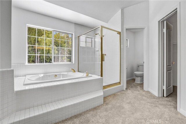 4064 Lemonberry Pl, Thousand Oaks, CA 91362 - bathroom with toilet, a stall shower, a bath, and vaulted ceiling