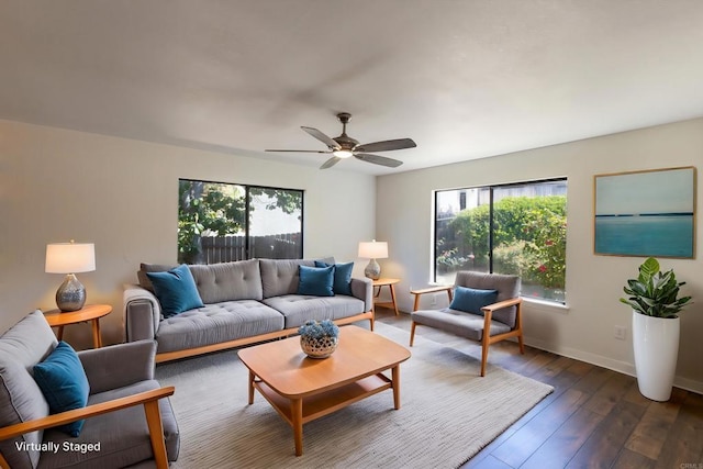 1279 Cypress Dr, Vista, CA 92084 - living room featuring dark wood-type flooring and a ceiling fan