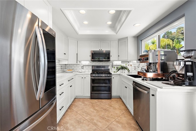 34550 Calle Naranja, Dana Point, CA 92624 - kitchen with stainless steel appliances, a tray ceiling, recessed lighting, backsplash, and light countertops