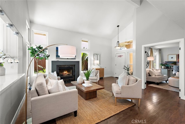 34550 Calle Naranja, Dana Point, CA 92624 - living room with healthy amount of natural light, dark wood-style flooring, and high vaulted ceiling