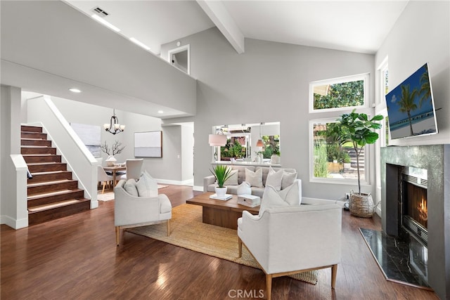 34550 Calle Naranja, Dana Point, CA 92624 - living area featuring stairs, high vaulted ceiling, beamed ceiling, dark wood-style floors, and a chandelier