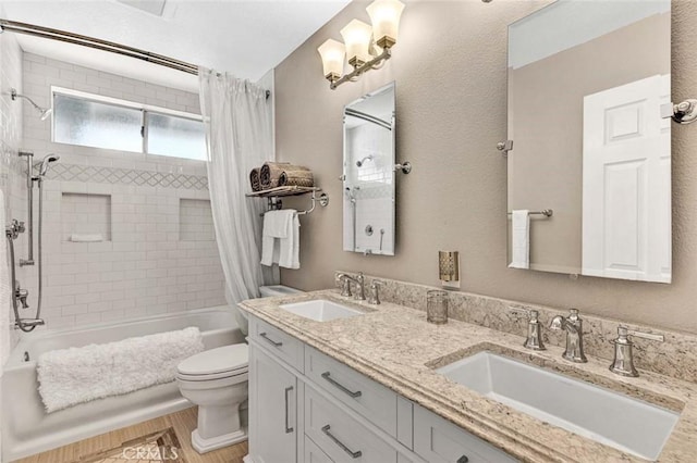 full bathroom with toilet, shower / bath combination with curtain, wood finished floors, and double vanity