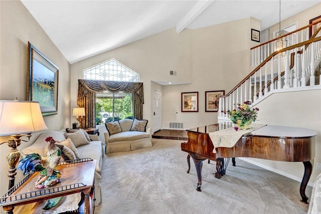 living room featuring carpet floors, high vaulted ceiling, stairway, beamed ceiling, and baseboards