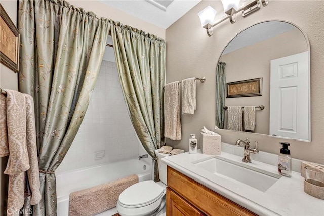 bathroom featuring toilet, vanity, and shower / bath combination with curtain