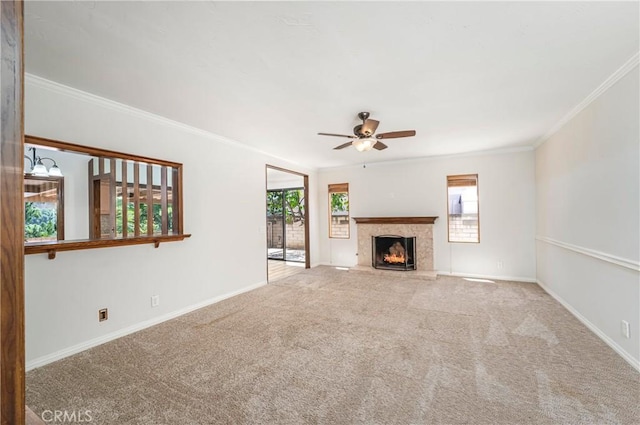 24752 Via, San Anselmo, Mission Viejo, CA 92692 - unfurnished living room featuring plenty of natural light, ceiling fan, carpet, and crown molding